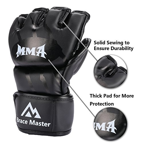 Brace Master MMA Gloves Guantes UFC Guantes de Boxeo para Hombres Mujeres Cuero Más Acolchado Saco de Boxeo sin Dedos Guantes para Kickboxing, Sparring, Muay Thai y Heavy Bag (Negro S)