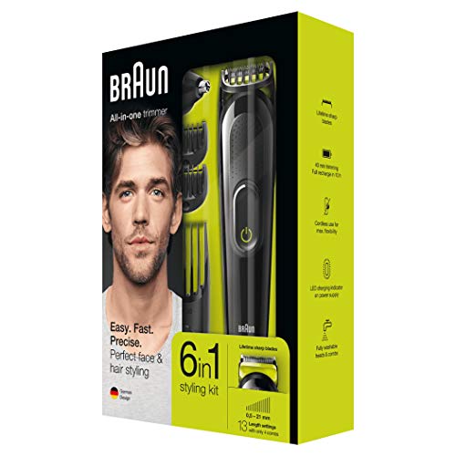 Braun MGK3021 - Máquina Recortadora 6 en 1, Recortadora Barba y Cortapelos, Recortador Vello de Nariz y Orejas, Cuchilla Larga Duración, color Negro/Verde