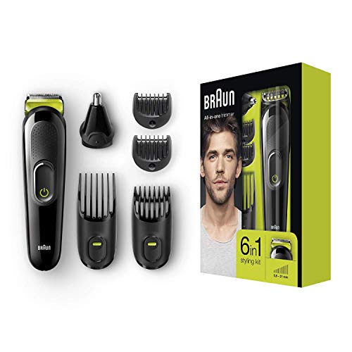 Braun MGK3021 - Máquina Recortadora 6 en 1, Recortadora Barba y Cortapelos, Recortador Vello de Nariz y Orejas, Cuchilla Larga Duración, color Negro/Verde