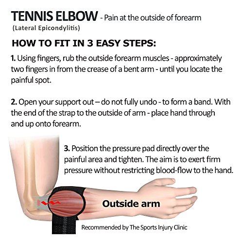 Brazalete para tratamiento del CODO DE TENISTA (Negro) Llevado en Wimbledon. ANTI-SUDOR, HIPOALERGÉNICO libre de Neopreno y Látex, respeta las píelas más delicadas | Talla única | Intercambiable L o R | Nivel de compression adjustable | Unisexo.