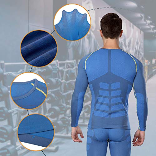 Bwiv Camiseta Hombre Deportiva Compresión Camiseta Interior Hombre Manga Larga Fitness Gimnasio Aire Libre para Entrenamiento Ciclismo de Azul y Línea Amarillo Talla M