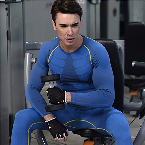 Bwiv Camiseta Hombre Deportiva Compresión Camiseta Interior Hombre Manga Larga Fitness Gimnasio Aire Libre para Entrenamiento Ciclismo de Azul y Línea Amarillo Talla XL