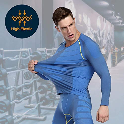Bwiv Camiseta Hombre Deportiva Compresión Camiseta Interior Hombre Manga Larga Fitness Gimnasio Aire Libre para Entrenamiento Ciclismo de Azul y Línea Amarillo Talla XL