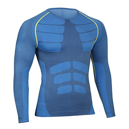 Bwiv Camiseta Hombre Deportiva Compresión Camiseta Interior Hombre Manga Larga Fitness Gimnasio Aire Libre para Entrenamiento Ciclismo de Azul y Línea Amarillo Talla XL