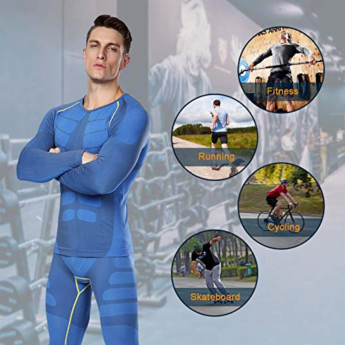 Bwiv Camiseta Hombre Deportiva Compresión Camiseta Interior Hombre Manga Larga Fitness Gimnasio Aire Libre para Entrenamiento Ciclismo de Azul y Línea Amarillo Talla XL