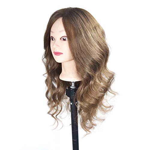 Cabeza de maniquí de entrenamiento para peluquería, pelo 100 % real de 50 cm - 55 cm de largo, soporte incluido