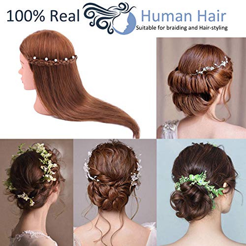 Cabeza de Maniquí, TopDirect 18" 100% Cabello Humano Real Practicas Formación Muñeca de la Cosmetología para Peluquería, Cabeza de Muñeca con Soporte de Mesa + Accesorios de Peinado