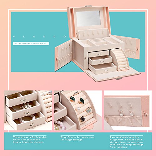 Caja de joyería de cuero del Faux Vlando organizador Visualización del anillo de la caja de regalo collar, rosa, Pink-Cross Pattern
