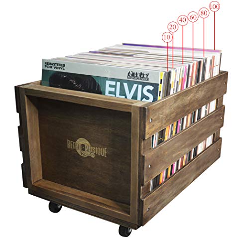 Cajón de Almacenamiento de Registro de LP de madera en Ruedas para hasta 100 álbumes, por Retro Musique