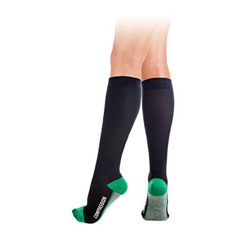 Calcetines de compresión médicos para la rodilla con refuerzo para amortiguación y cargas con fuerza de compresión 18-22 mmHg Azul-Verde Small