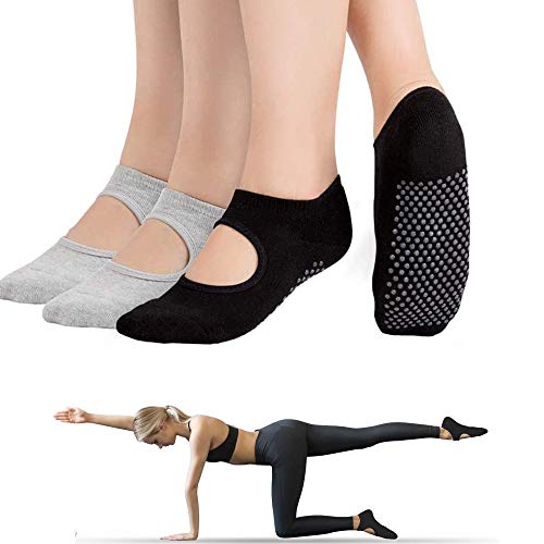 Calcetines de Yoga 2 Pares Calcetines Antideslizantes para Hombre Mujer Algodón Transpirable Calcetines Deportivos para Pilates Yoga Fitness Gimnasia