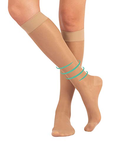 CALCETINES MEDICOS | MEDIAS HASTA LA RODILLA A COMPRESIÓN GRADUADA FUERTE | 140 DEN 15-21mm/Hg | CALCETERÍA ITALIANA | (L/XL, NATURAL)