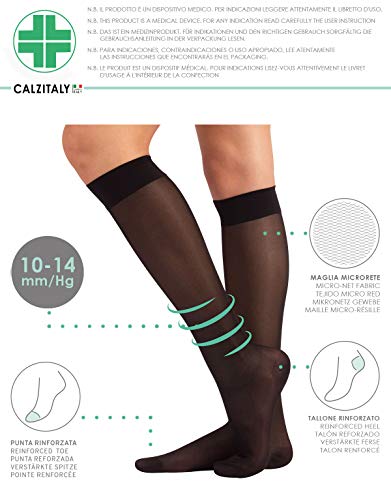 CALCETINES MEDICOS | MEDIAS HASTA LA RODILLA A COMPRESIÓN GRADUADA MEDIA | 70 DEN 10-14mm/Hg | CALCETERÍA ITALIANA | (S/M, NEGRO)