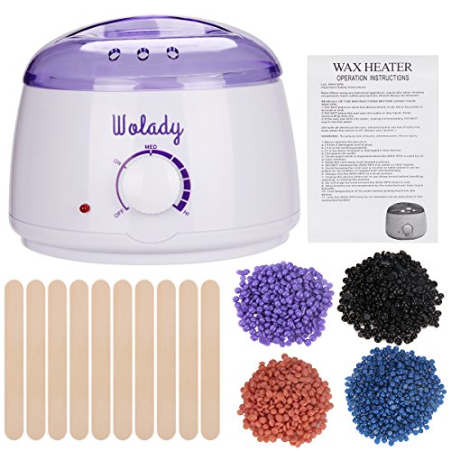 Calentador de Cera de la Aplicación Eléctrica Wolady Kit de Eliminación de Cera Caliente Depilatory Cera 500ml 4 Paquetes Granos de Cera 10 Palillos Madera Casero Spa Cara Brazos Axilas Piernas Bikini