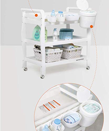 Cambiador de madera maciza Estación de cuidado para bebés Mesa de baño para recién nacidos Ambos lados se pueden implementar Mesa de pañales para cuna de masaje táctil Diseño de 4 ruedas blanco