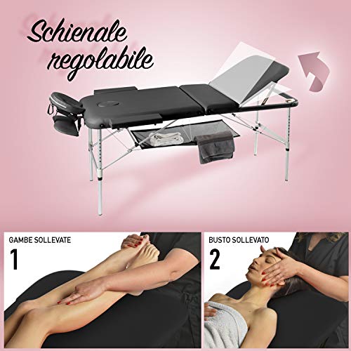 Camilla de masaje, 3 zonas, de aluminio, portátil y reclinable, con temporizador y toallero incluidos, color negro
