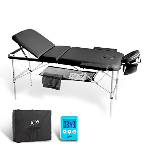 Camilla de masaje, 3 zonas, de aluminio, portátil y reclinable, con temporizador y toallero incluidos, color negro