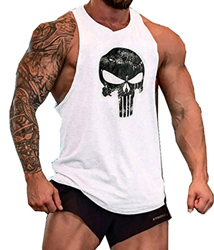 Camisa Camiseta Hombre Tirantes Culturismo Fitness Deportiva. Ropa Deporte Masculina para Entrenar Gym (Castigador/Blanca) - M