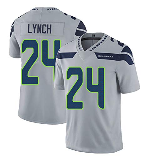Camiseta de fútbol americano #24 Marshawn Lynch Seattle, camiseta de rugby de manga corta clásica para hombre, 123, gris, XL(185~190)