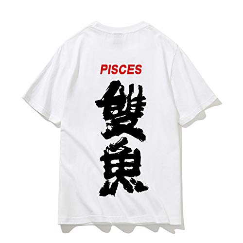 Camiseta de manga corta para hombre con estampado suelto, estilo chino, 12 constelaciones, talla grande Piscis Blancos S