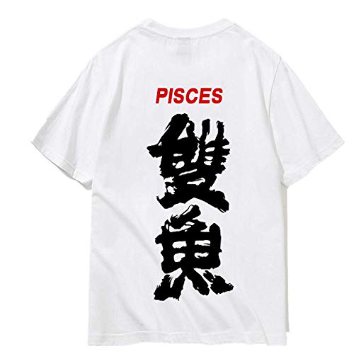 Camiseta de manga corta para hombre con estampado suelto, estilo chino, 12 constelaciones, talla grande Piscis Blancos S