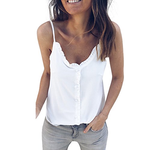 Camiseta de Tirantes para Mujer，riou Chaleco de Color sólido con Cuello en v de Las Mujeres con Volantes Sexy Honda sin Tirantes sin Tirantes de Verano Blusa Crop Tops