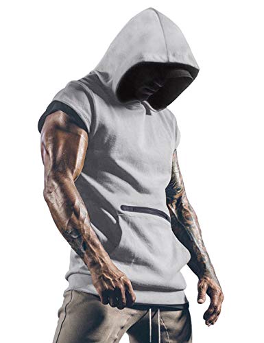 Camiseta para hombre con capucha sin mangas para gimnasios para hombre con bolsillos gris L