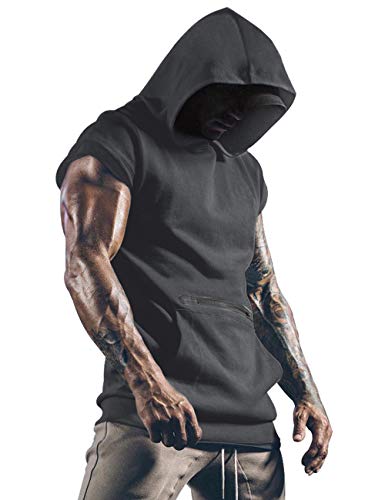 Camiseta para hombre con capucha sin mangas para gimnasios para hombre con bolsillos gris oscuro L