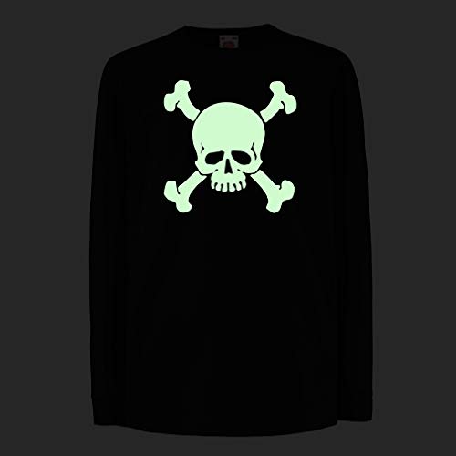 Camisetas de Manga Larga para Niño Calavera y Tibias Cruzadas, señal de Advertencia - No Tocar (9-11 Years Negro Fluorescente)