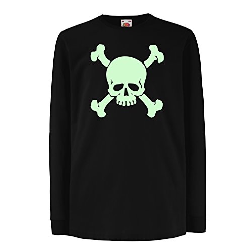 Camisetas de Manga Larga para Niño Calavera y Tibias Cruzadas, señal de Advertencia - No Tocar (9-11 Years Negro Fluorescente)