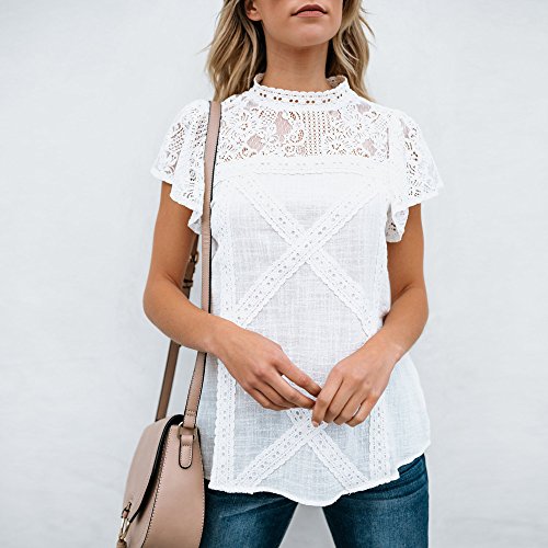 Camisetas Mujer SHOBDW Dia de la Mujer Verano Patchwork De Encaje Casual Ahuecar Volantes Manga Corta Suéter De Cuello De Tortuga Linda Blusa Floral Camiseta Blanca para Mujer(Blanco,S)