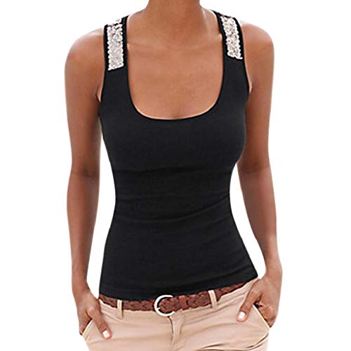 Camisetas sin Mangas Mujer,SHOBDW Moda De Verano Más El Tamaño Sin Mangas Sexy Cuello Redondo Lentejuelas Chaleco Tops Señoras Blusa Sólida Casual Camiseta Tank Tops para Mujeres(Negro,XXL)