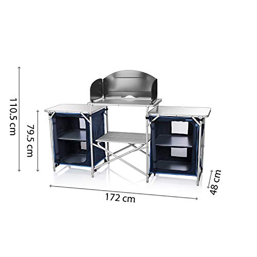 CamPart Travel Cocina de camping Málaga, Con paravientos, Dos compartimentos de almacenamiento, Armario doble, Azul, 172 x 48 x 79.5/110.5