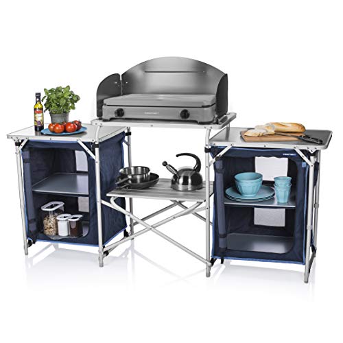 CamPart Travel Cocina de camping Málaga, Con paravientos, Dos compartimentos de almacenamiento, Armario doble, Azul, 172 x 48 x 79.5/110.5