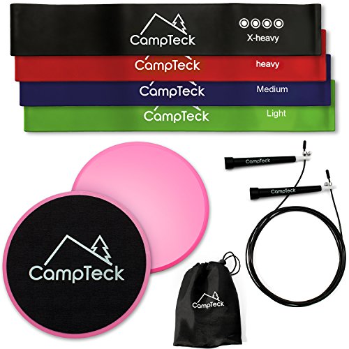 CampTeck U6761 'Fitness Training Kit' 2X Rosa Discos Deslizantes Doble Cara Disco Abdominales, 3m Cuerda Saltar de Velocidad Jumping Rope & 4X Bandas de Resistencia de Látex Cinta Elasticas
