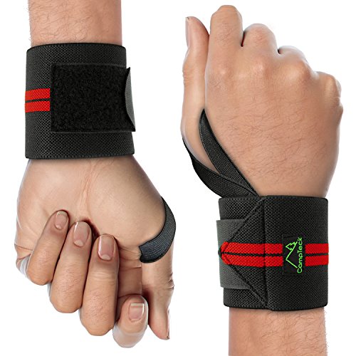 CampTeck U6832 Muñequera Deportiva Ajustable Wrist Wraps Gym para Levantamiento Pesas, Musculacion, Entrenamiento, Powerlifting - Talla Unica, Negro y Rojo - 1 Par