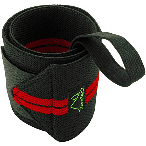 CampTeck U6832 Muñequera Deportiva Ajustable Wrist Wraps Gym para Levantamiento Pesas, Musculacion, Entrenamiento, Powerlifting - Talla Unica, Negro y Rojo - 1 Par