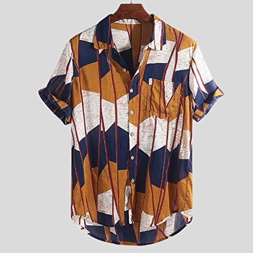 CAOQAO- Camisa de los Hombres Londres Camisas para Hombre Multi Color Bolsillo en el Pecho Bolsillo Manga Corta Dobladillo Redondo Camisas Sueltas Blusa