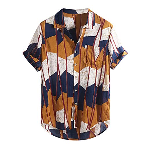 CAOQAO- Camisa de los Hombres Londres Camisas para Hombre Multi Color Bolsillo en el Pecho Bolsillo Manga Corta Dobladillo Redondo Camisas Sueltas Blusa