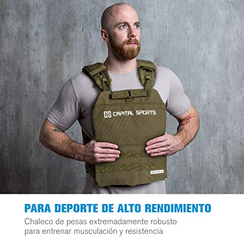 CAPITAL SPORTS Battlevest 2.0 Chaleco de pesas - 4 placas de pesas: 2x 5.75 lbs y 2x 8.75 lbs, alta comodidad y óptima distribución del peso gracias a su acolchado grueso, color verde oliva.