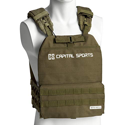 CAPITAL SPORTS Battlevest 2.0 Chaleco de pesas - incluye 2 placas de pesas: 2x 8.75 lbs, gran comodidad de uso y distribución óptima del peso debido al acolchado grueso en los hombros, verde oliva