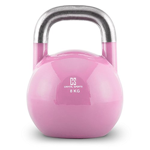Capital Sports Compket 8 Pesa Rusa de competición (8kg Peso, Bola de Acero, Mango Suave, Base alisada, Adecuado para Uso al Aire Libre, indicador de Kilos, Kettlebell Color Rosa)