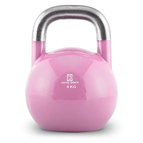 Capital Sports Compket 8 Pesa Rusa de competición (8kg Peso, Bola de Acero, Mango Suave, Base alisada, Adecuado para Uso al Aire Libre, indicador de Kilos, Kettlebell Color Rosa)