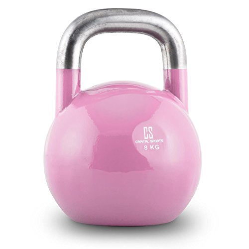 Capital Sports Compket 8 Pesa Rusa de competición (8kg Peso, Bola de Acero, Mango Suave, Base alisada, Adecuado para Uso al Aire Libre, indicador de Kilos, Kettlebell Color Rosa)