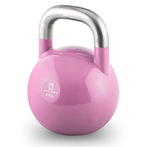 Capital Sports Compket 8 Pesa Rusa de competición (8kg Peso, Bola de Acero, Mango Suave, Base alisada, Adecuado para Uso al Aire Libre, indicador de Kilos, Kettlebell Color Rosa)