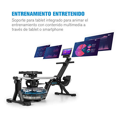 Capital Sports Flow - Máquina de Remo de Agua, Banco de Remo, 80 cm de Largo, Ordenador con Pantalla LCD, Soporte para tabletas, Aluminio y Acero, 8 Niveles/máx. 13 litros, Negro/Plateado