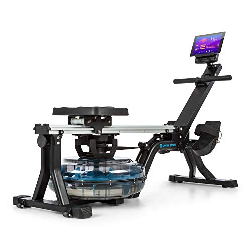 Capital Sports Flow - Máquina de Remo de Agua, Banco de Remo, 80 cm de Largo, Ordenador con Pantalla LCD, Soporte para tabletas, Aluminio y Acero, 8 Niveles/máx. 13 litros, Negro/Plateado