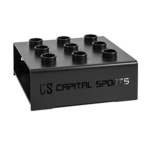 Capital Sports Mountar Soporte de Barras Bar Holder Negro Acero (Almacenaje de Barras de Peso, Capacidad 9X bara olímpica 50mm diámetro, Posible sujeción al Suelo, 27kg Peso)