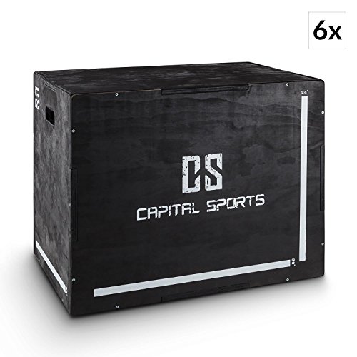 Capital Sports Shineater Set 6X Caja de Salto Pliométrica de 3 Alturas 20" 24" 30" (Cajón pliométrico de madera 11 capas, 3x altura entrenamiento, apto gimnasio profesional o entrenamiento aire libre, color negro) …