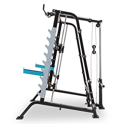 CAPITAL SPORTS Squatster Jaula de sentadillas multifunción (barra de pesas, entrenamiento halterofilia, 9 niveles, soportes seguridad, barra integrada con tracción superior e inferior, armazón acero)